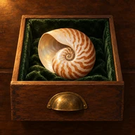 The Curio Cabinet icon: a nautilus shell in an open walnut drawer lined with green velvet