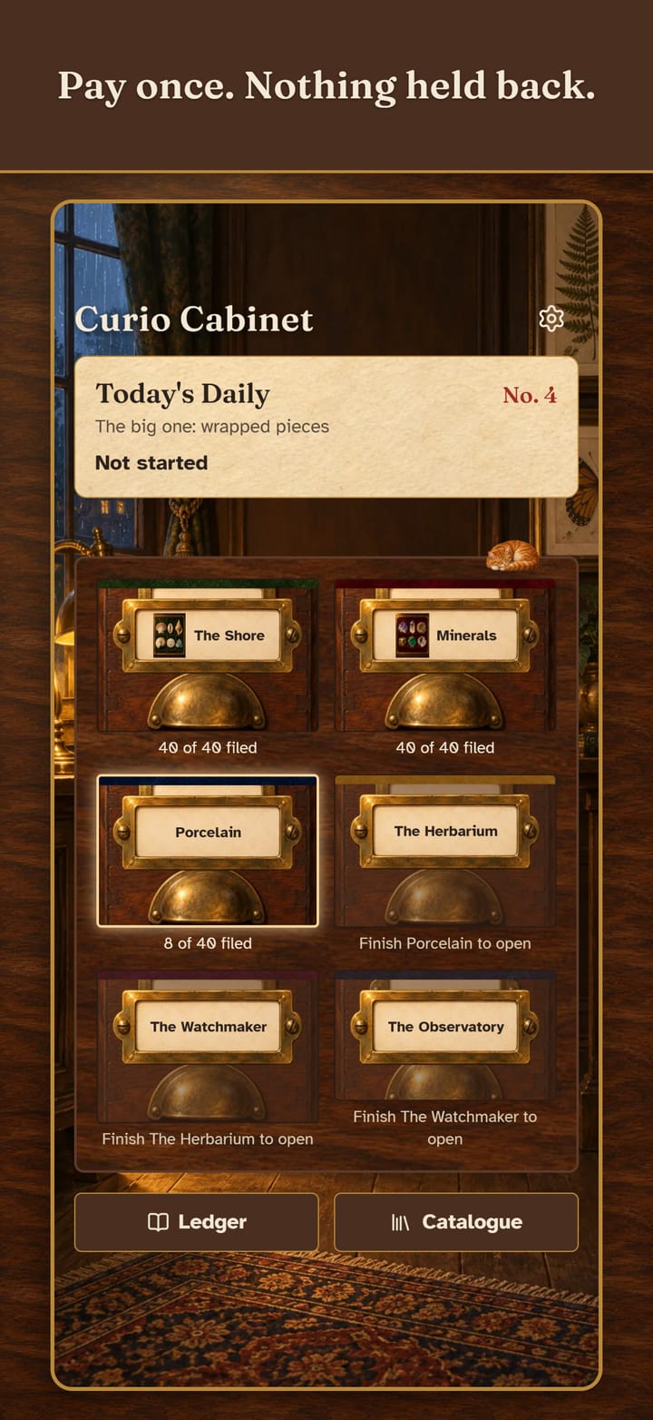 Pay once. Nothing held back. The home screen: today's Daily, No. 4, above the cabinet of six collections from The Shore to The Observatory, with the Ledger and the Catalogue below