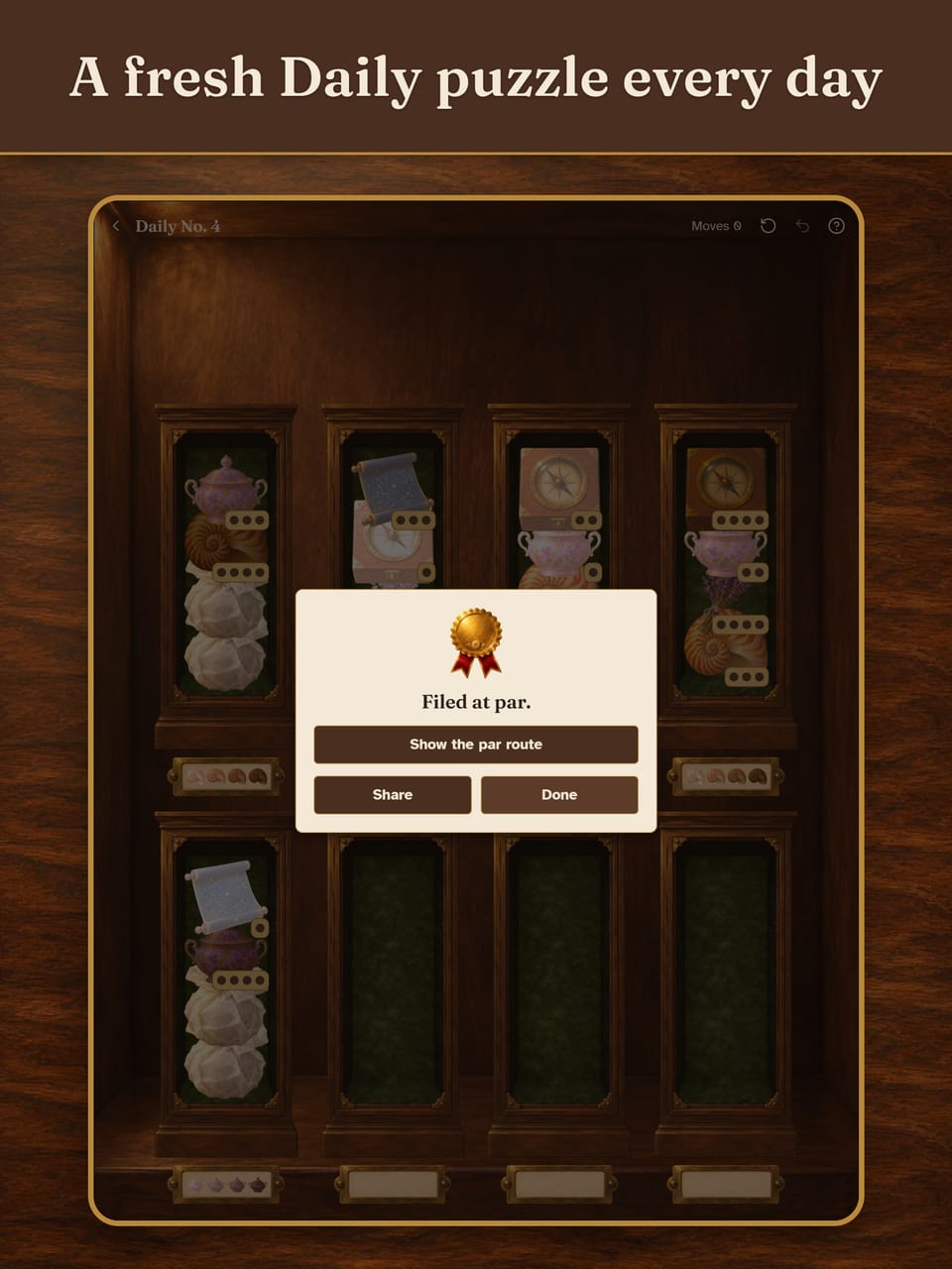 A fresh Daily puzzle every day. Daily No. 4 finished on a tablet: a gold seal and the words Filed at par, with Show the par route, Share and Done