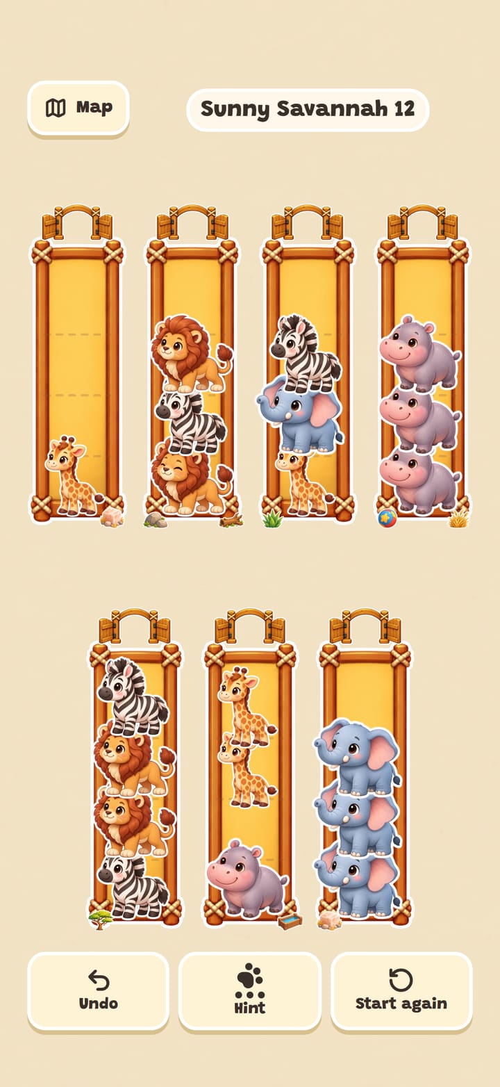 Sunny Savannah level 12: lions, zebras, giraffes, elephants and hippos mixed up across seven tall pens, with Undo, Hint and Start again buttons below