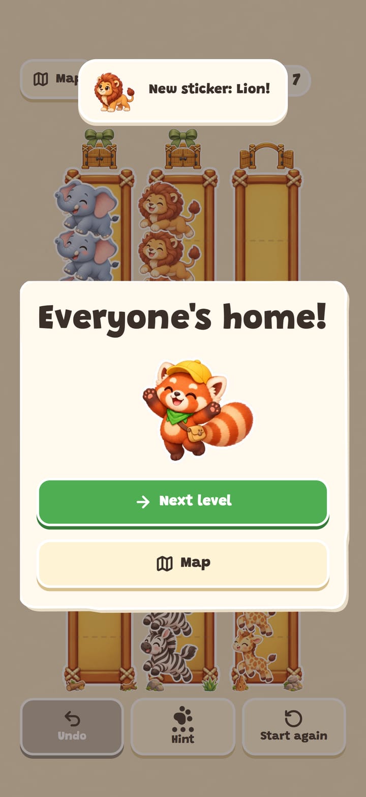 A finished level: the card reads Everyone's home!, a red panda cheers, and a new lion sticker appears at the top