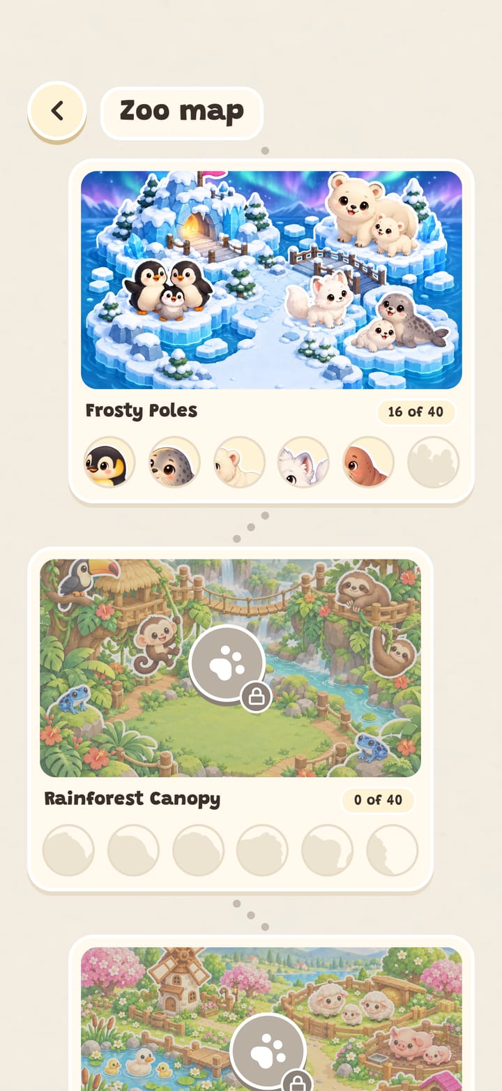 The zoo map: Frosty Poles, with 16 of its 40 levels done and its stickers, and Rainforest Canopy below it