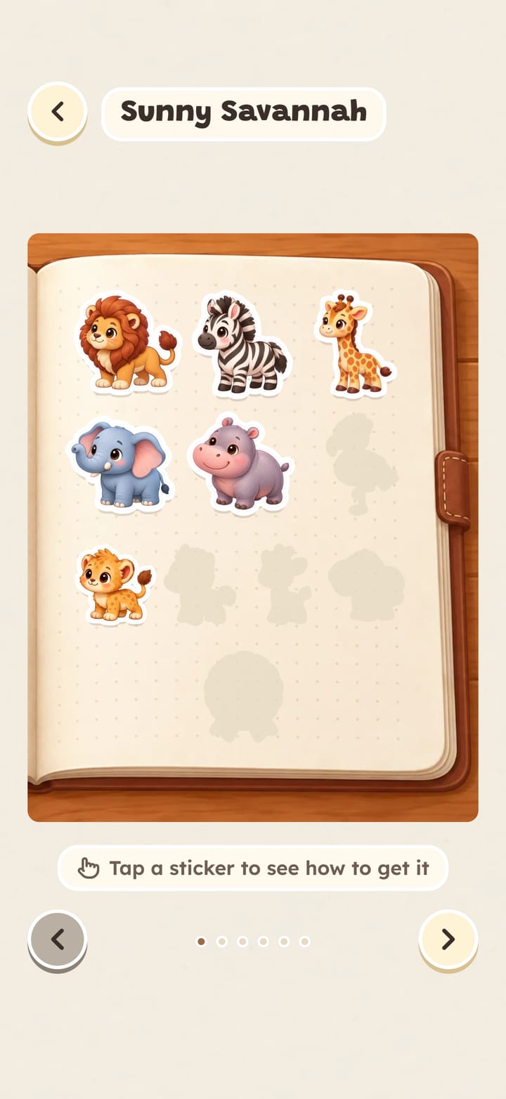 The Sunny Savannah sticker book, with six stickers collected and the outlines of the ones still to find