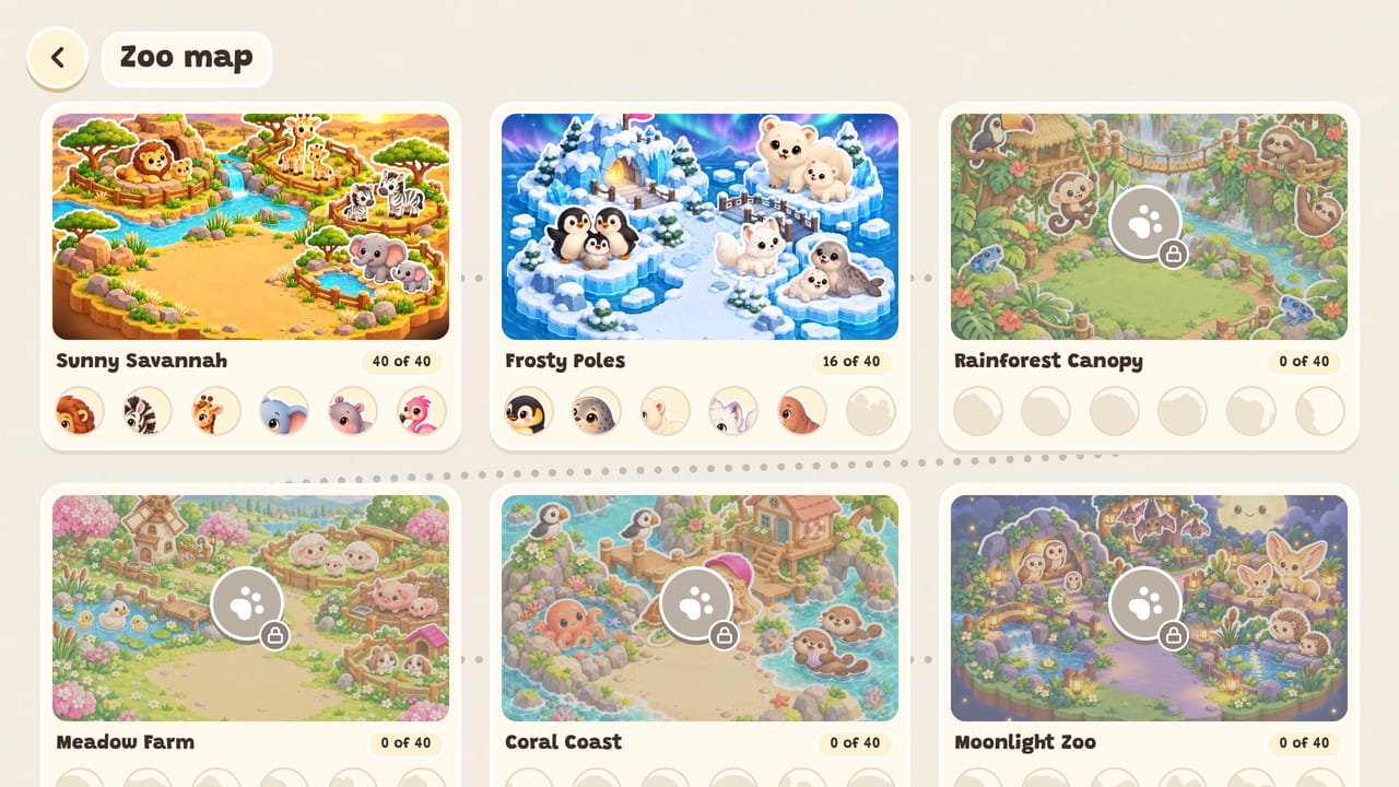 The zoo map on a tablet: all six worlds, Sunny Savannah, Frosty Poles, Rainforest Canopy, Meadow Farm, Coral Coast and Moonlight Zoo, each with its levels and stickers