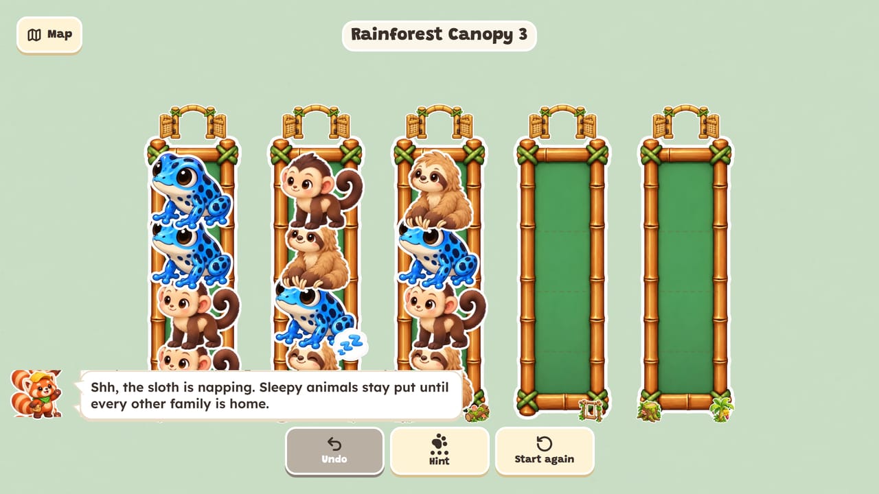 Rainforest Canopy level 3: frogs, monkeys and sloths, and a red panda explaining that a napping sloth stays put until every other family is home
