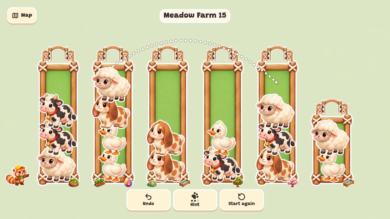 Meadow Farm level 15: cows, sheep, ducks and dogs, with a dotted line showing the move a hint suggests