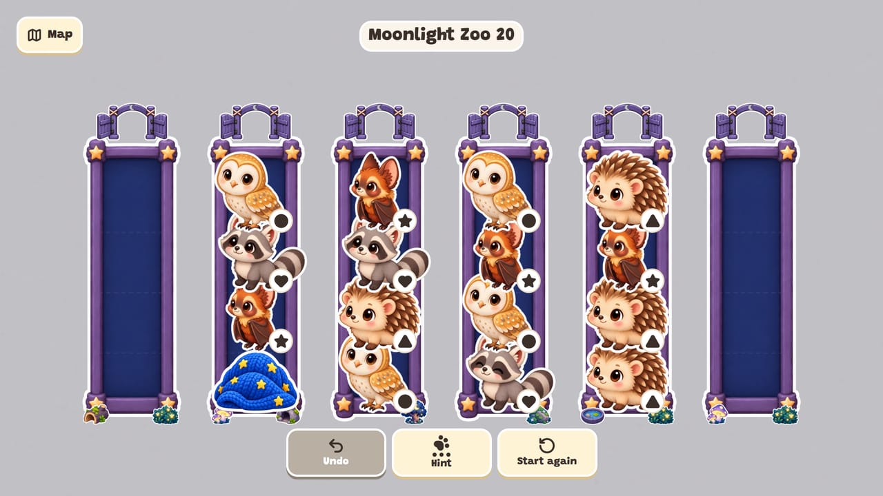 Moonlight Zoo level 20: owls, raccoons, bats and hedgehogs, each family marked with its own shape, and one animal hidden under a starry blanket