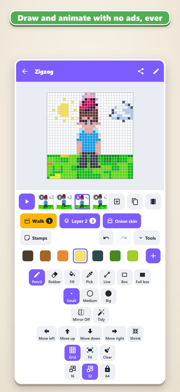 Draw and animate with no ads, ever. A puppet called Zigzag on a 32 by 32 grid, a figure in a blue top under the sun and a cloud, with the frames of its Walk animation and the drawing tools below