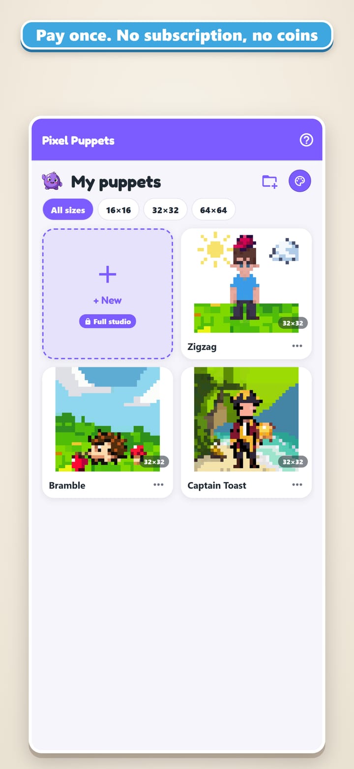 Pay once. No subscription, no coins. My puppets, the gallery of saved puppets Zigzag, Bramble and Captain Toast, with the New card marked Full studio