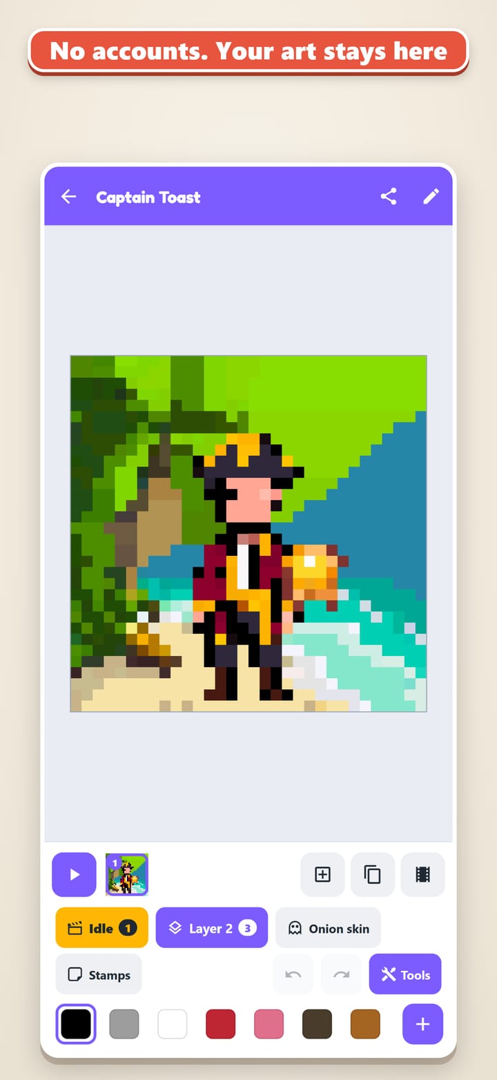 No accounts. Your art stays here. Captain Toast, a pixel pirate on a beach, filling the screen