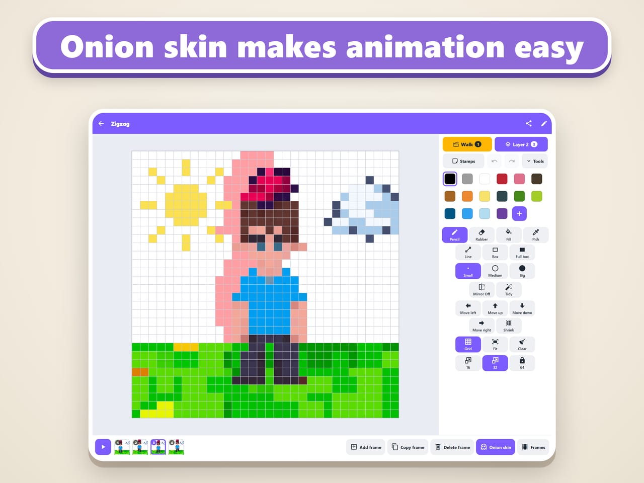 Onion skin makes animation easy. Zigzag on a tablet, with the last frame showing faintly in pink behind the new one