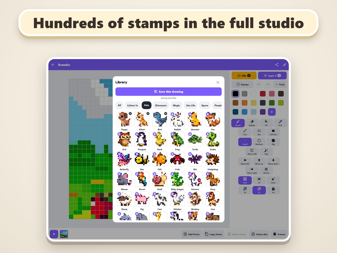 Hundreds of stamps in the full studio. The stamp library on a tablet, open at Pets: a puppy, a kitten, an owl, a frog and many more