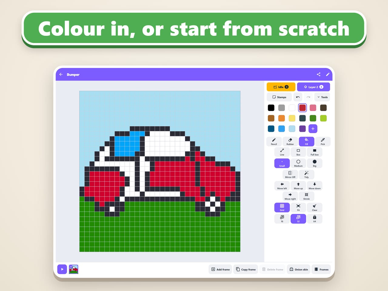 Colour in, or start from scratch. Bumper, a red car colouring page, on a tablet, with the fill tool chosen