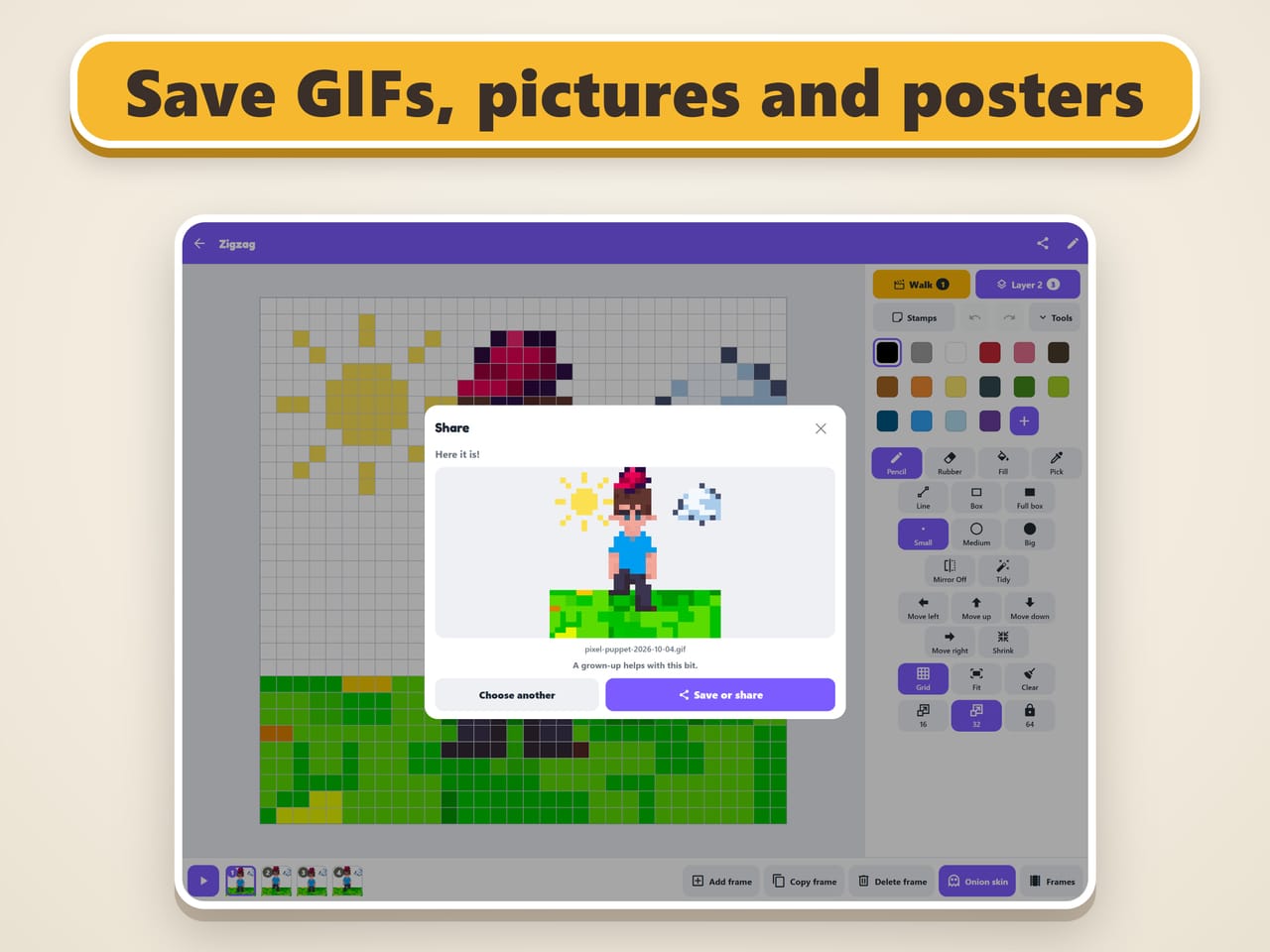 Save GIFs, pictures and posters. The Share window on a tablet, with Zigzag ready to save and the note A grown-up helps with this bit