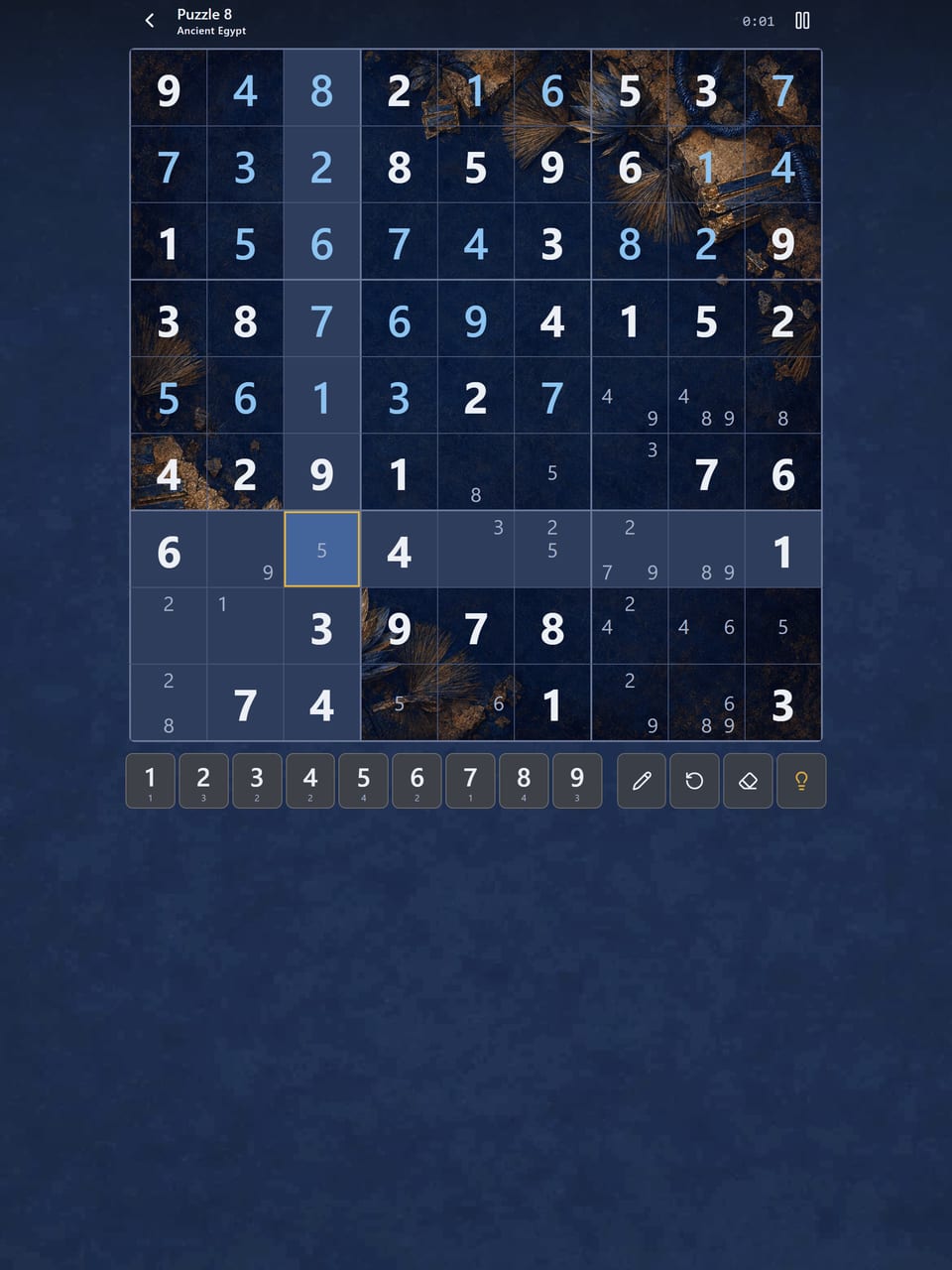 A puzzle in Ancient Egypt on iPad, partly solved, with pencil notes in some cells