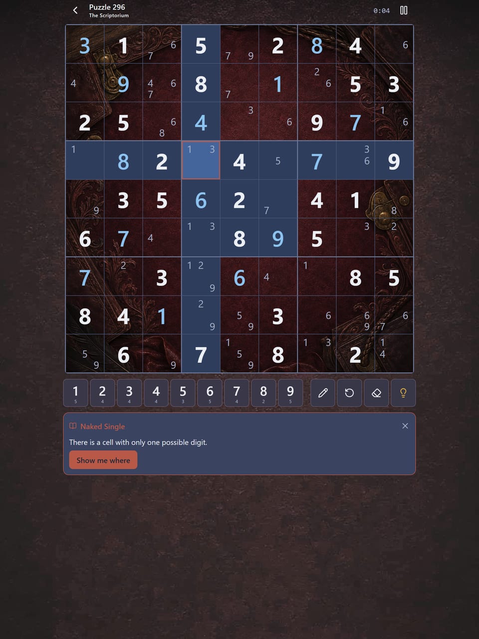 A hint in The Scriptorium on iPad that names the technique, a naked single
