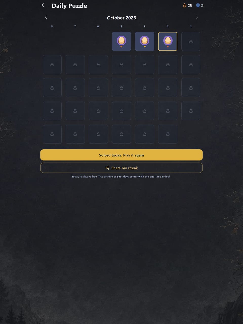 The Daily Puzzle calendar on iPad, with today's puzzle solved