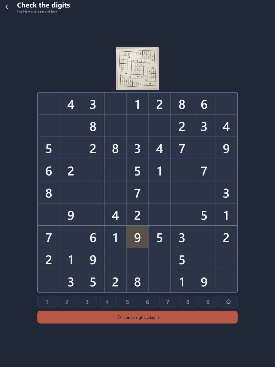 Snap & Solve on iPad, showing the digits it read from a photographed puzzle