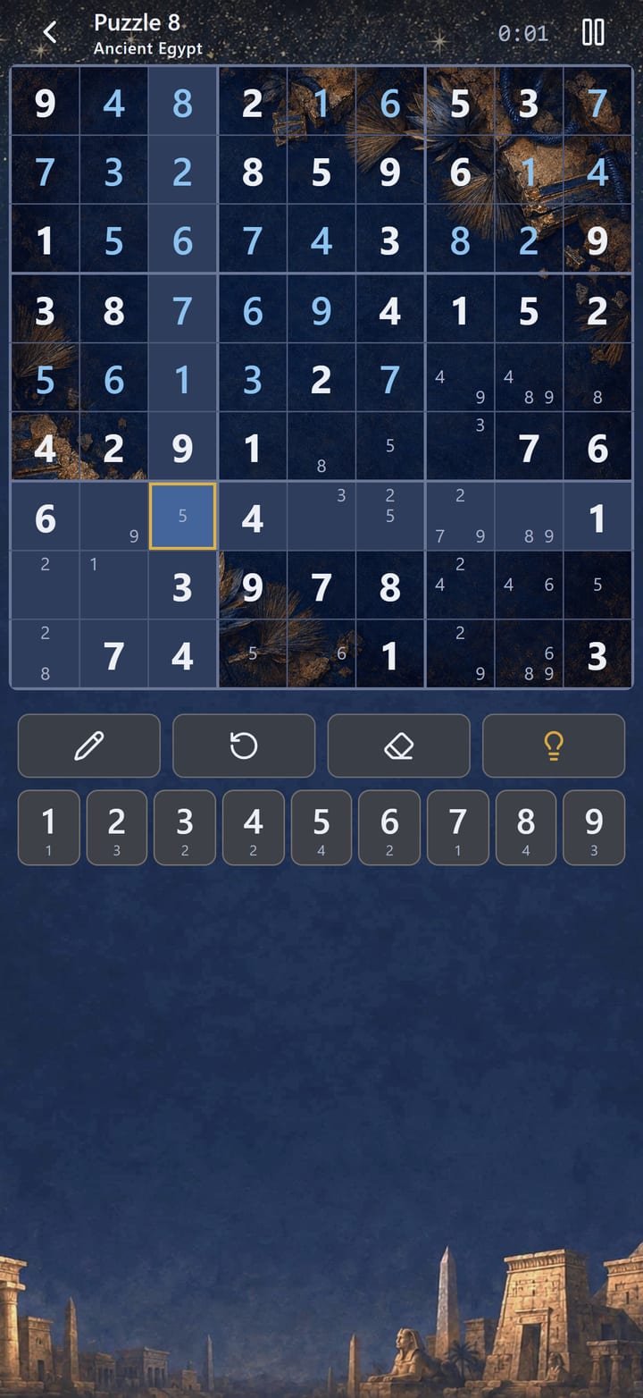 A puzzle in Ancient Egypt, partly solved, with pencil notes in some cells