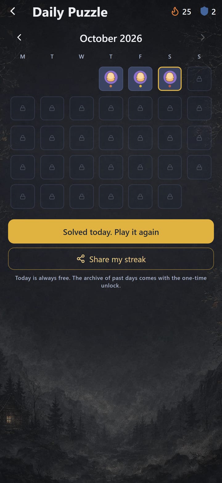 The Daily Puzzle calendar, with today's puzzle solved