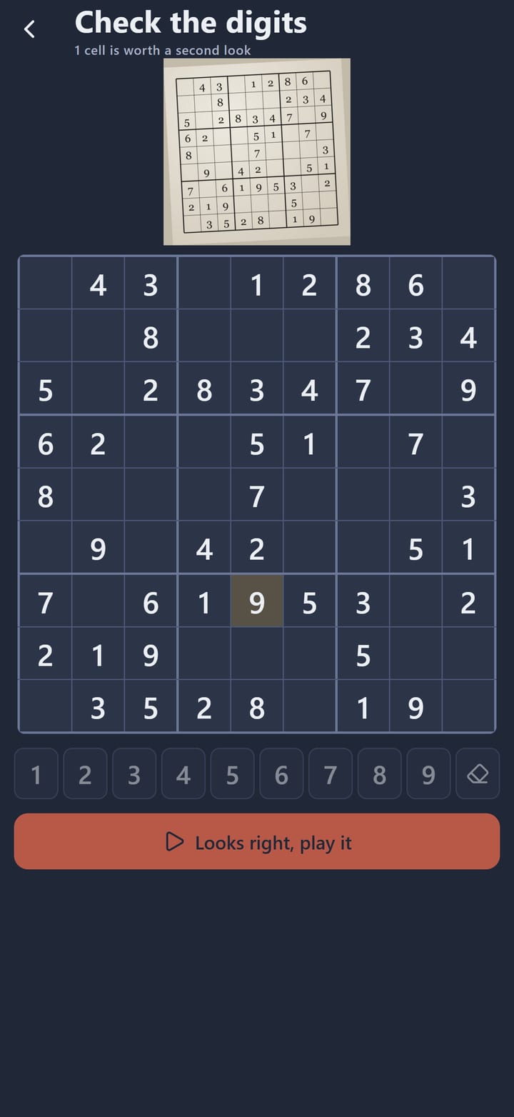 Snap & Solve showing the digits it read from a photographed puzzle, ready to check