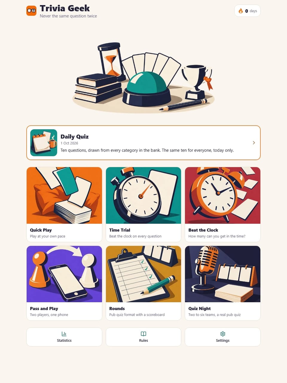The home screen on iPad, with the Daily Quiz and the six ways to play