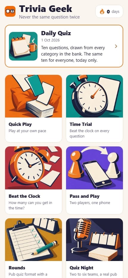 The home screen: the Daily Quiz at the top, then Quick Play, Time Trial, Beat the Clock, Pass and Play, Rounds and Quiz Night