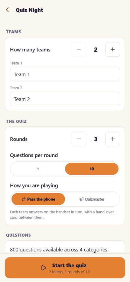 Setting up Quiz Night: two teams and three rounds of ten questions, played by passing the phone or with a quizmaster