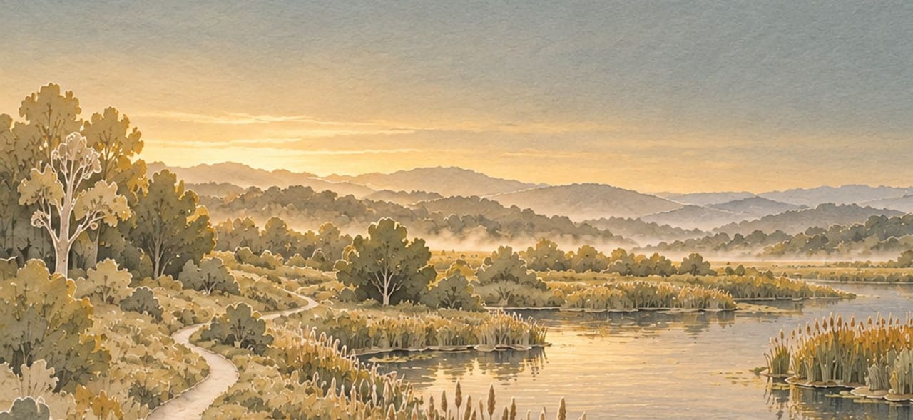 Reedbeds and still water in the fen at first light, with a winding path through the reeds