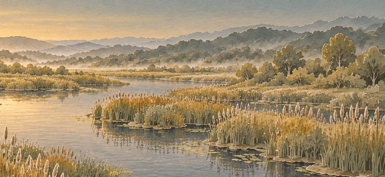 Islands of bulrushes and lily pads on open water in the fen