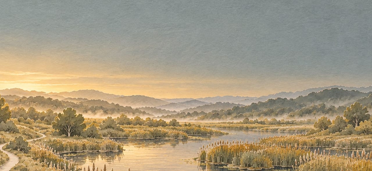 Misty hills beyond the fen at sunrise, with woodland along the water