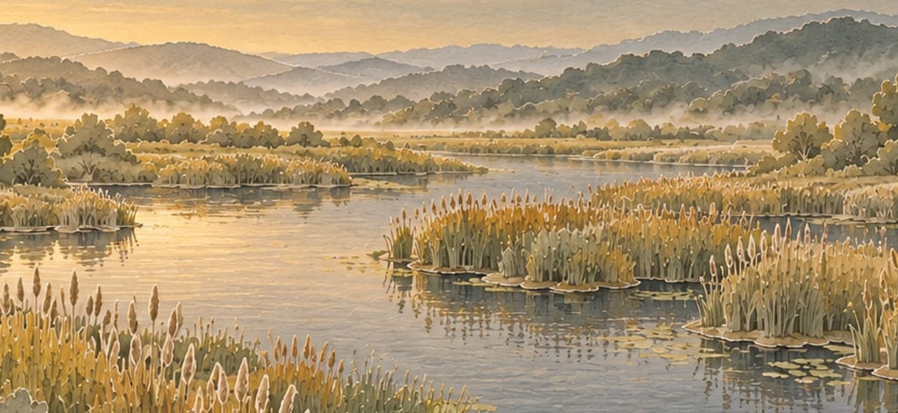 Bulrushes and lily pads at the edge of the water